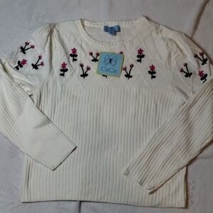 CeCe Cream Ribbed Sweater with Pink and Black Floral Appliqué Large